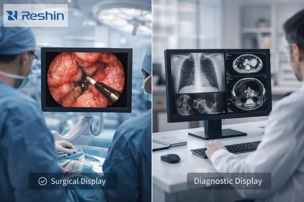 A surgical monitor in an OR and a diagnostic monitor at a radiologist's workstation
