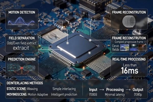 A chip on a circuit board representing video processing