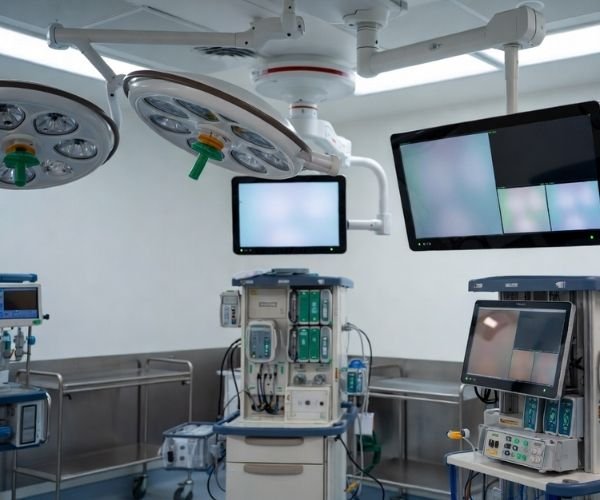 Surgical suite integration prep area with multiple medical displays for OR visualization and multi-source routing workflows.