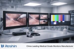 Cool-toned hybrid OR integration setup with three 31–32-inch 4K surgical monitors and a 12G-SDI routing box, illustrating low-latency workflow evaluation