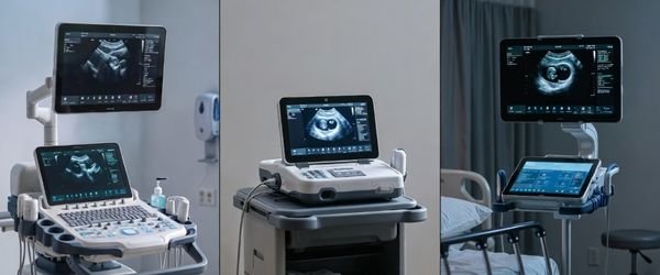 Triptych showing cart-based, portable, and point-of-care ultrasound platforms with integrated medical displays for clinical imaging workflows.