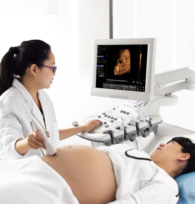 Ultrasound examination with clinician scanning a pregnant patient while viewing fetal imaging on an ultrasound monitor.