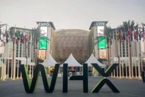 WHX sign at Expo City Dubai, the venue for WHX 2026 Dubai, highlighting the international exhibition setting for healthcare technology and medical display discussions.