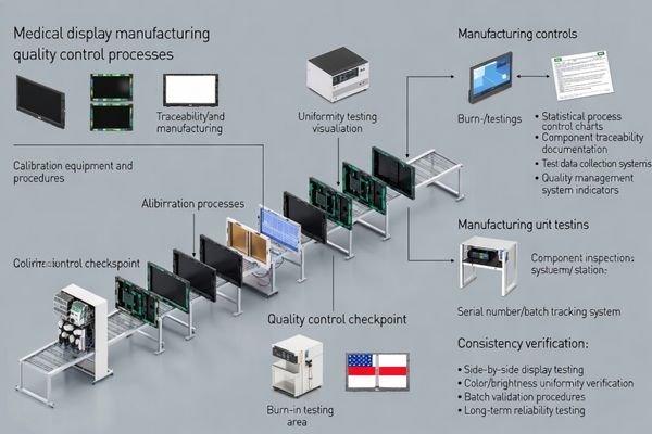 Manufacturing and QA process illustrating calibration, testing, and traceability for consistent medical displays