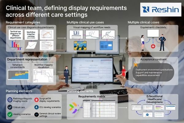Team reviewing clinical deployment requirements for medical displays across radiology, OR, ICU, and wards