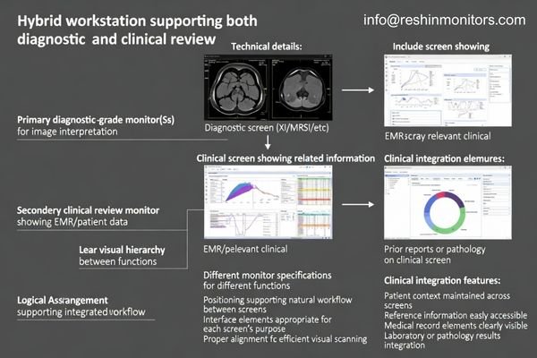 Diagnostic plus clinical review hybrid workstation layout for mixed radiology workflows