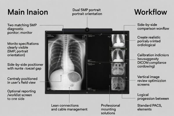 Dual 5MP portrait PACS workstation layout for general radiology reading