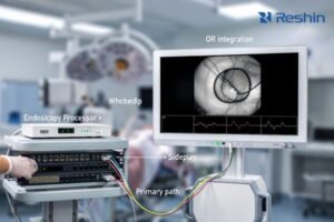 OR integration tech joint-debugging an endoscopy video chain with processor, routing/matrix, recorder side path, and a medical-grade display showing stable surgical video