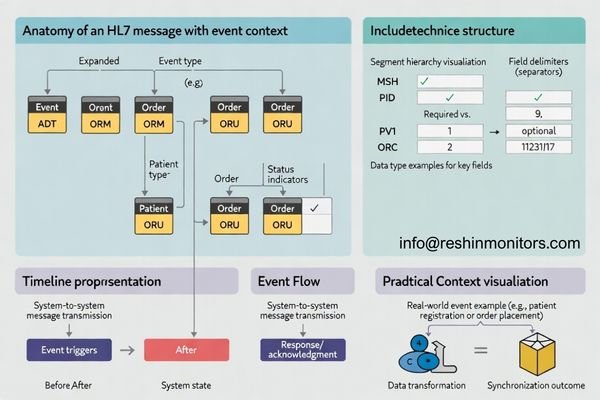 HL7 event message carrying patient, order, and status context between healthcare systems
