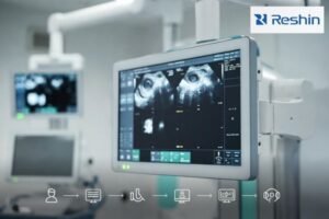 Medical-grade diagnostic monitor in a radiology setting displaying generic imaging, with a subtle HL7 workflow icon strip centered at the bottom.