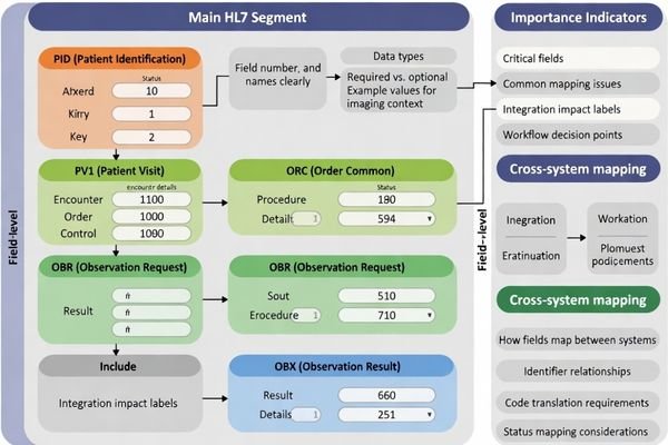 Key HL7 segments supporting identity matching, order intent, and status progression in imaging workflows
