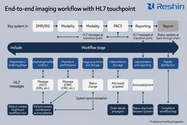 HL7 message flow aligning patient identity, orders, and status across the imaging lifecycle