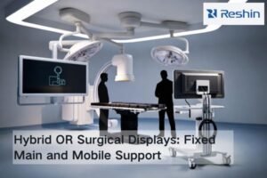 Hybrid OR layout showing a boom-mounted primary surgical display and a cart-mounted secondary display with clear traffic lanes and tidy cable management