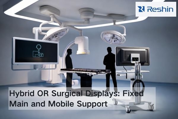 Hybrid OR layout showing a boom-mounted primary surgical display and a cart-mounted secondary display with clear traffic lanes and tidy cable management