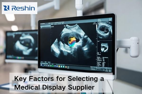 Medical-grade monitor on a clinical mount showing non-identifiable imaging, with supplier evaluation materials like a checklist, PCN notice, SLA card, and calibration puck.