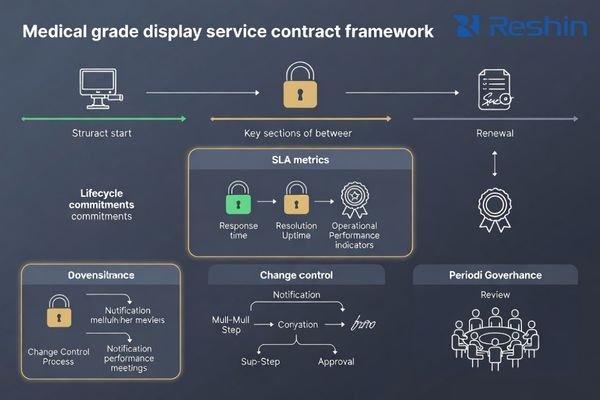 Contract framework for medical display suppliers covering acceptance, SLA KPIs, change control, and lifecycle terms