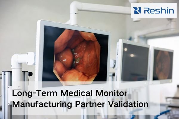 Modern medical-grade monitor on a boom mount showing a text-free endoscopy image, with two identical units blurred behind to suggest OEM consistency and long-term manufacturing stability.