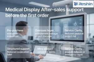 Professional buyer reviewing a medical display before first order with focus on after-sales support and service evaluation