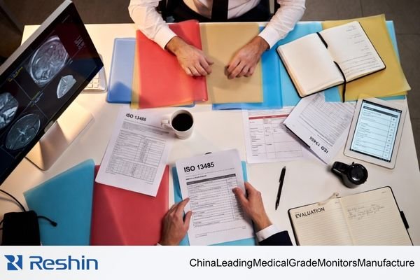 Distributor reviewing medical display manufacturer certifications and compliance documents