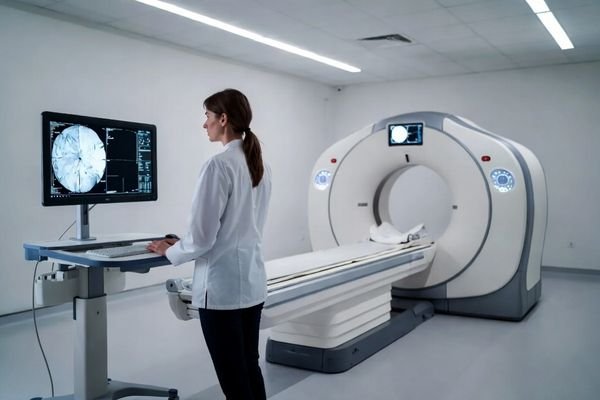 Medical display workstation used in a diagnostic imaging room with CT or MRI system