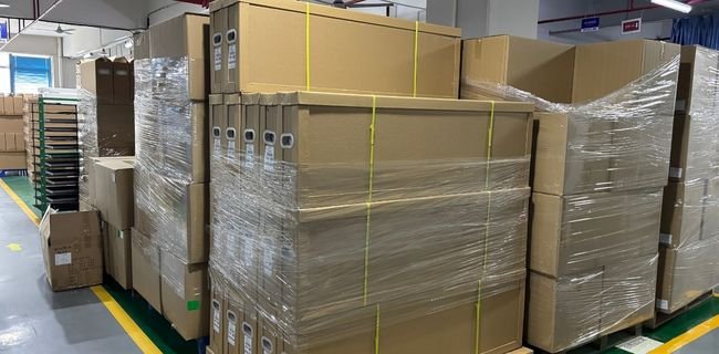 Palletized medical display shipments prepared for distributor supply and project delivery