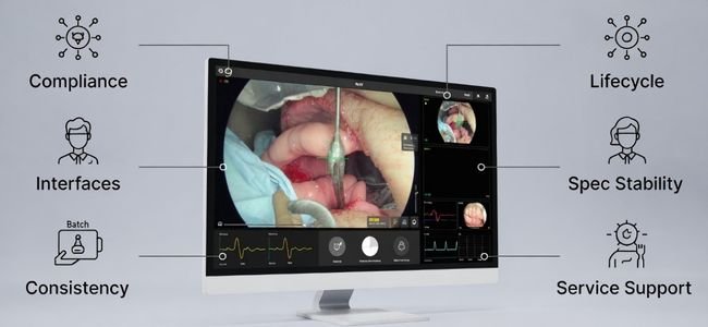 Medical-grade display showing an intraoperative surgical viewing interface with feature callouts for compliance, lifecycle, interfaces, spec stability, batch consistency, and service support.