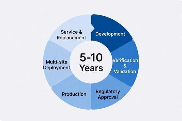 Medical display lifecycle ring diagram showing a 5–10 year timeline from development and verification to regulatory approval, production, multi-site deployment, and service replacement for long-term supply planning.