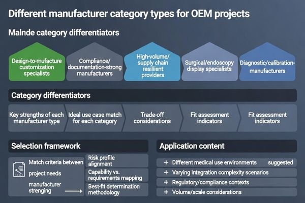 OEM-fit manufacturer categories for medical displays: OEM/ODM, compliance-strong, high-volume, surgical-focused, diagnostic-focused