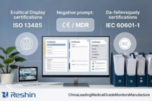 Distributor evaluating a medical display manufacturer’s certifications, including ISO 13485, CE / MDR, and IEC 60601-1 compliance