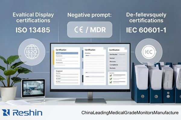 Distributor evaluating a medical display manufacturer’s certifications, including ISO 13485, CE / MDR, and IEC 60601-1 compliance