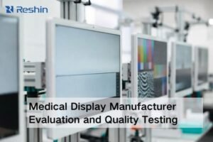 Modern medical-grade displays in a QA lab being calibrated with a sensor, showing text-free test patterns to represent manufacturer evaluation.