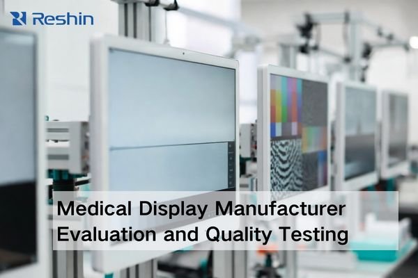 Modern medical-grade displays in a QA lab being calibrated with a sensor, showing text-free test patterns to represent manufacturer evaluation.