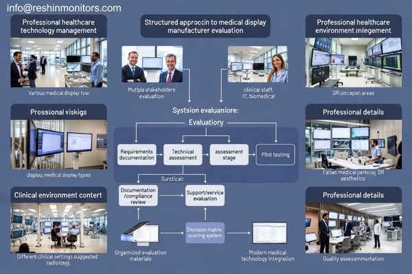 Clinical environment showing modern medical displays and a structured manufacturer evaluation workflow