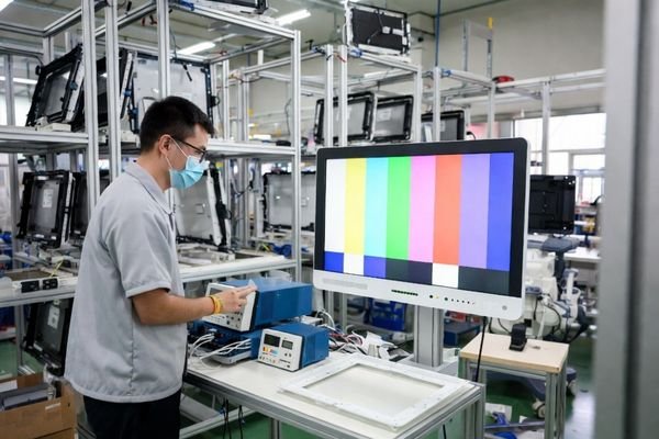 Engineer validating a medical-grade monitor in an ESD-safe factory test area for OEM/ODM lifecycle support