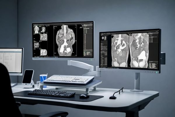 PACS workstation with multiple medical displays in a radiology reading room