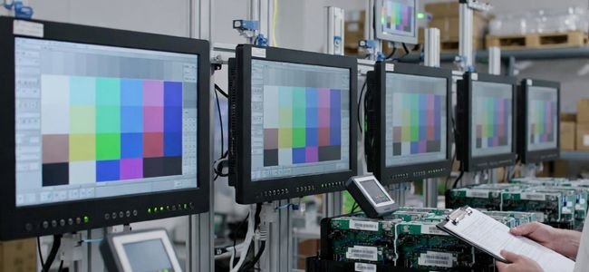 Bright QA lab scene with multiple identical medical-grade monitors running calibration test patterns, showing consistency monitoring, traceability, and long-term supply planning for regulated medical equipment projects.