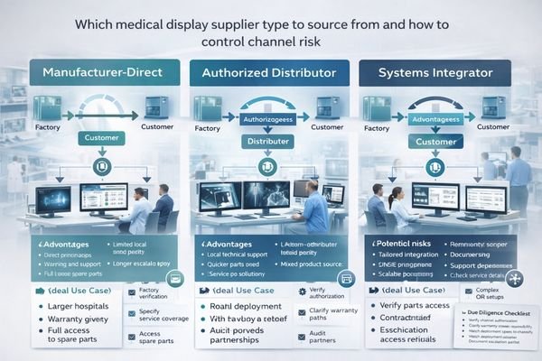 Comparison of medical display sourcing paths: manufacturer-direct, authorized distributor, and systems integrator