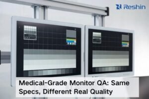 Two medical-grade monitors in a clinical QA lab showing grayscale test patterns, highlighting how similar-spec displays can differ in uniformity and reflection control