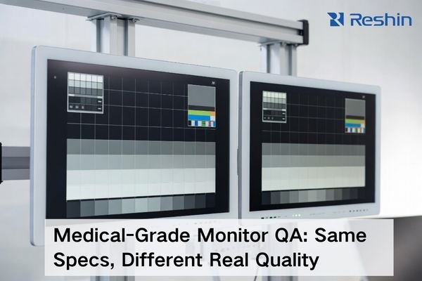 Two medical-grade monitors in a clinical QA lab showing grayscale test patterns, highlighting how similar-spec displays can differ in uniformity and reflection control