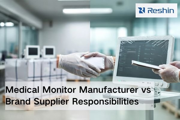 Side-by-side scene showing medical monitor manufacturer packout and brand supplier delivery handoff, highlighting accountability for traceability, service, and lifecycle support.