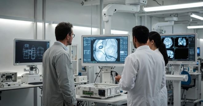 OEM medical display development team collaborating on customized medical monitor system integration in a modern engineering lab