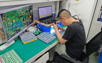 OEM/ODM engineering test bench with technician inspecting electronics for medical display development