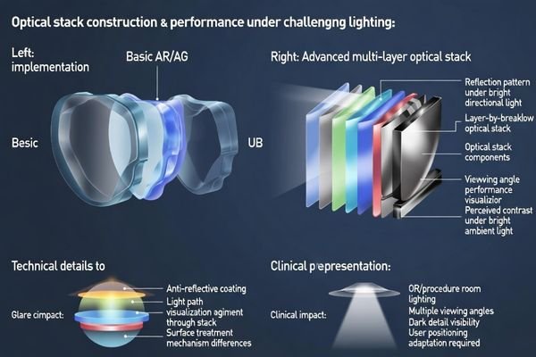 Optical stack performance: reflection control and readability under OR lighting