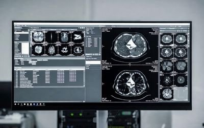 PACS workstation monitor displaying DICOM CT images and study list interface
