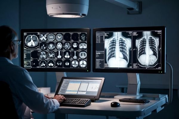 PACS viewing environment with medical diagnostic monitors for hospital image review and clinical reporting