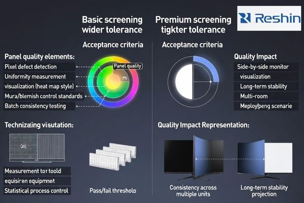 Panel screening and batch consistency: pixel defects, uniformity, and mura control