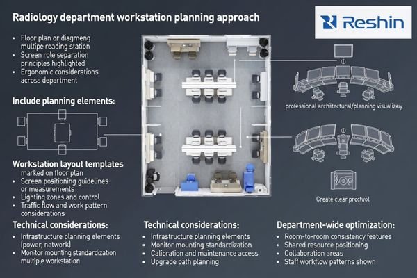 Radiology department workstation planning with clear screen-role separation and ergonomic positioning