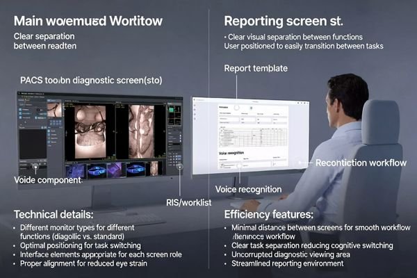PACS reading screen and reporting screen split layout for radiology workflow efficiency