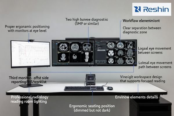 Radiology PACS workstation layout with dual diagnostic monitors and a reporting screen for workflow efficiency