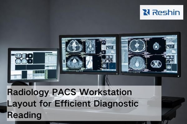 Radiology PACS workstation with dual diagnostic monitors and separate reporting screen in a real hospital reading room